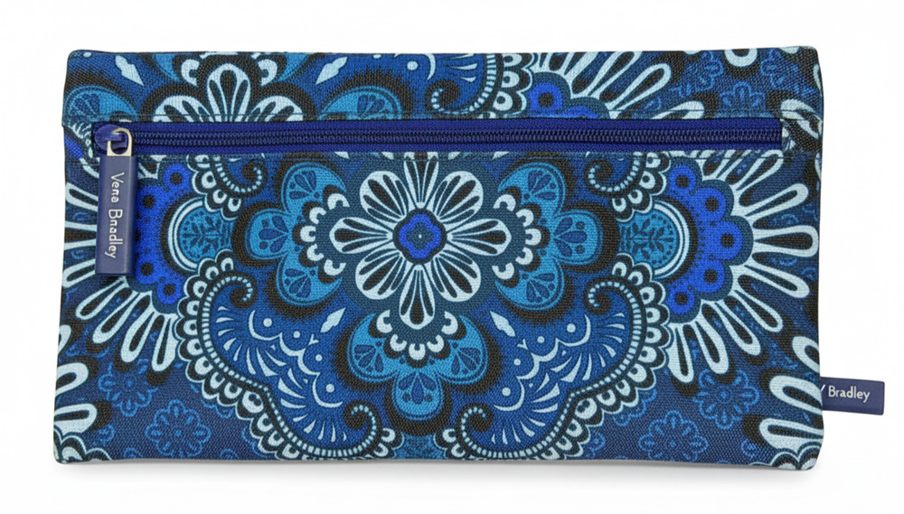 Vera Bradley Blue Paisley Double Sided Pencil Pouch Travel Makeup Bag Canvas
